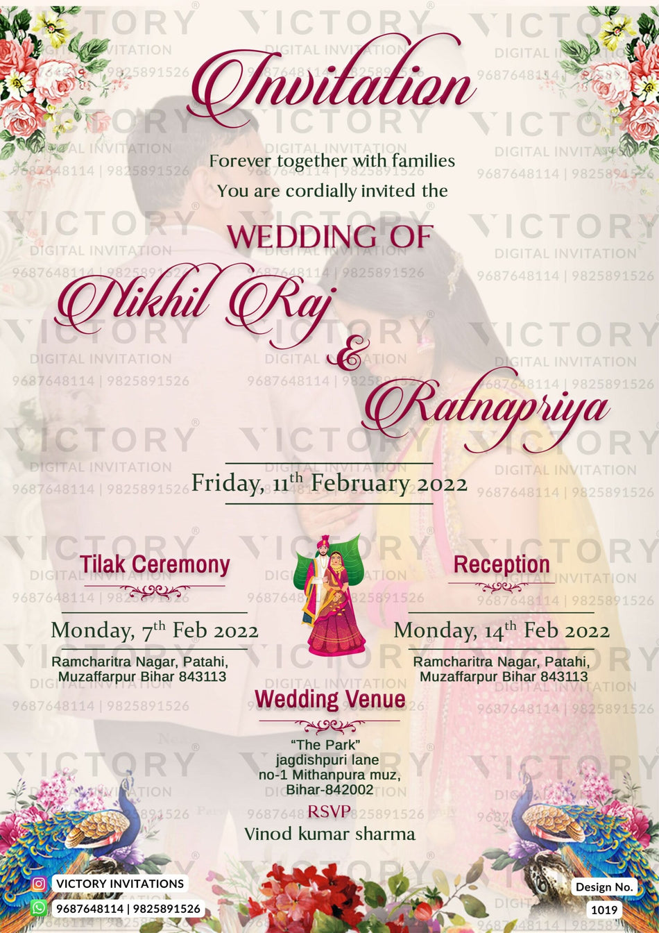 Wedding ceremony invitation card of hindu bihari family in english language with couple photo theme design 1019