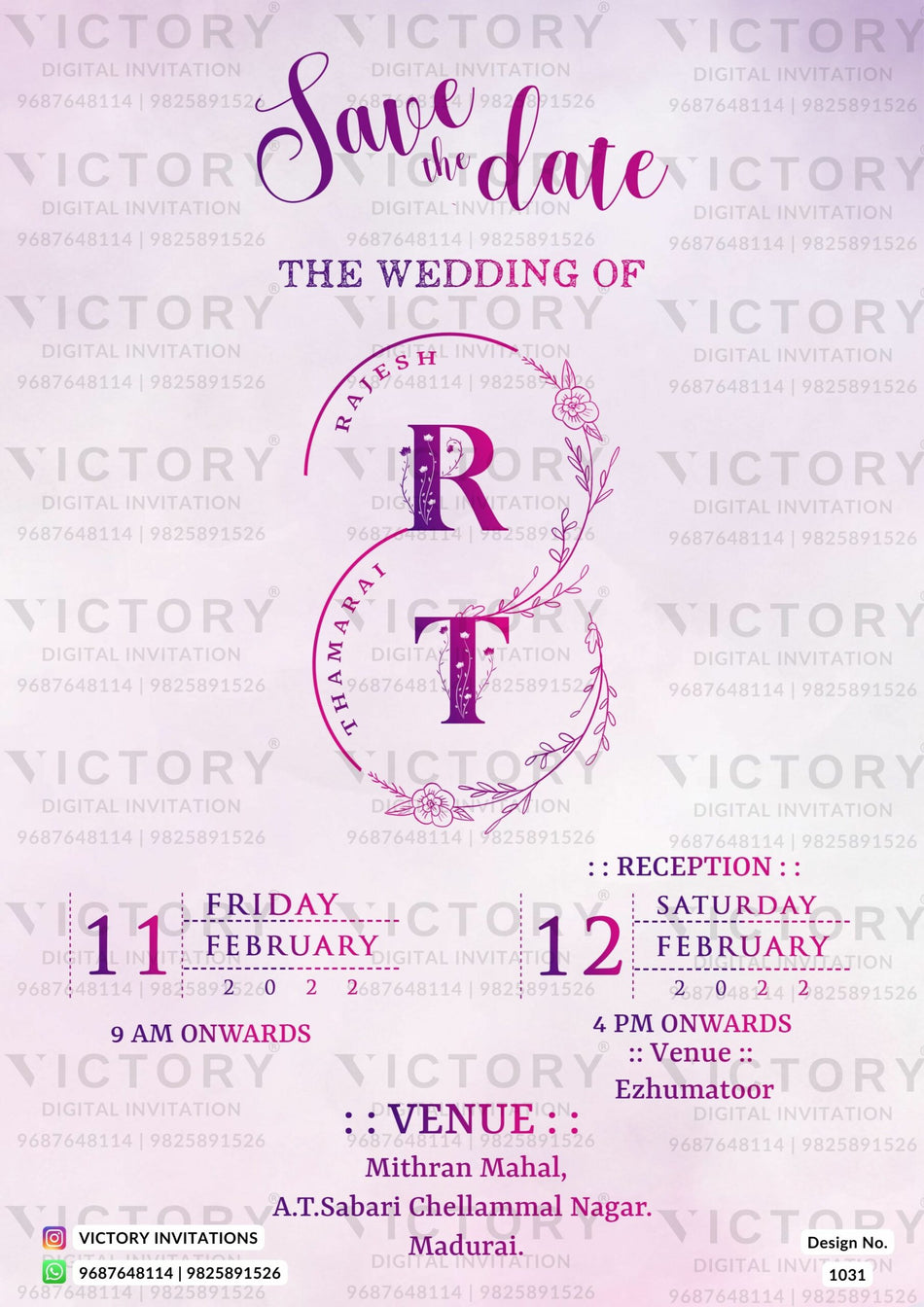 Wedding ceremony invitation card of hindu south indian tamil family in english language with minimalistic theme design 1031