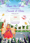 Save the Date card in english language with flowers, butterfly, couple doodle as Garden theme design 1034