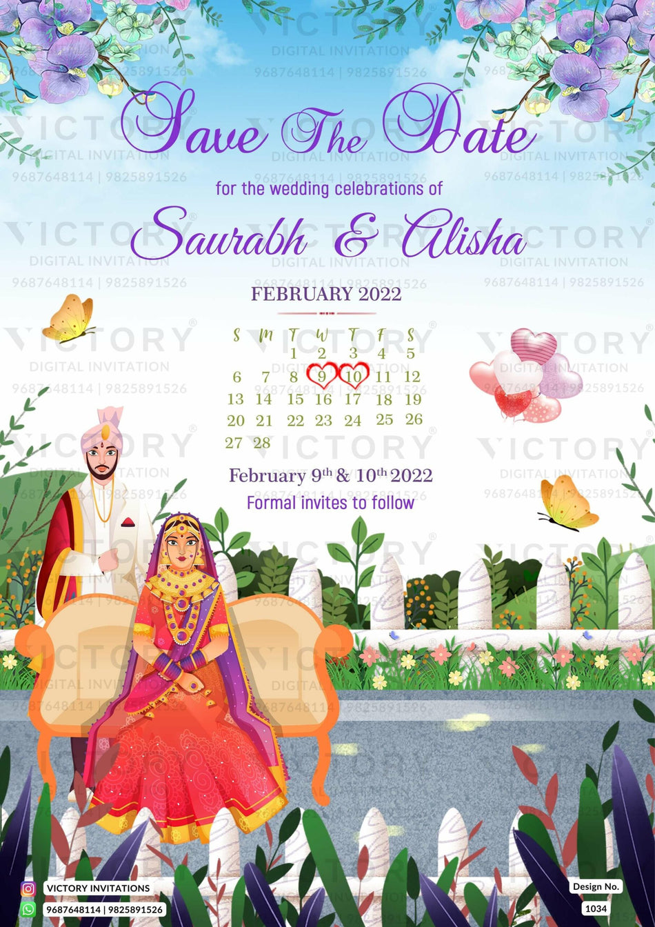 Save the Date card in english language with flowers, butterfly, couple doodle as Garden theme design 1034