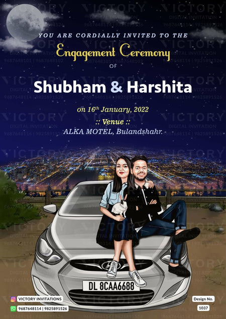 Bollywood couple caricature invitation card for Engagement ceremony in Englsih language with moon, car as night theme design 1037