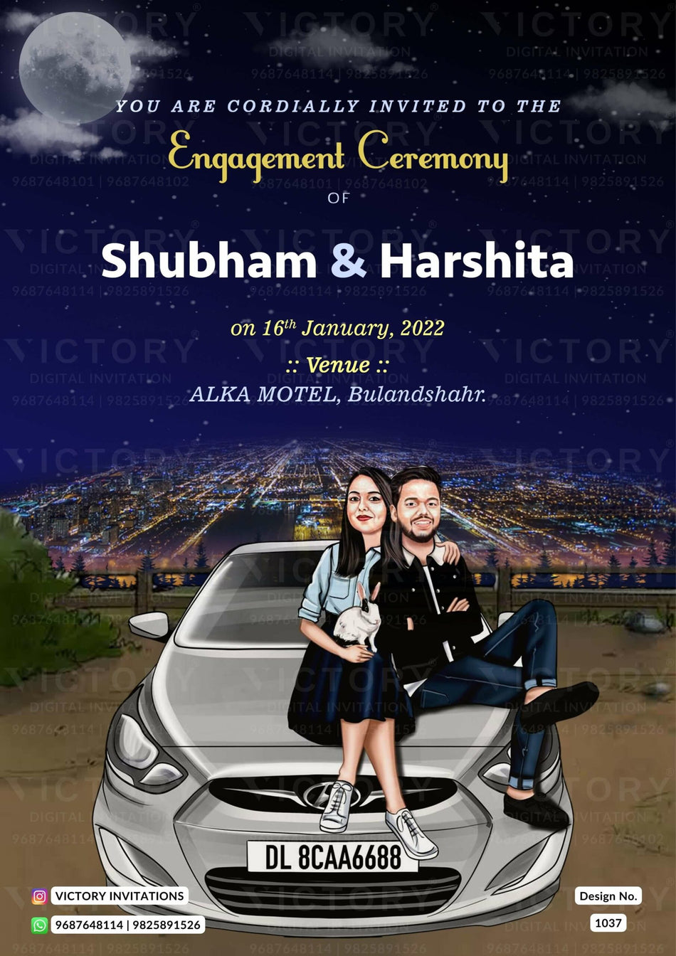 Bollywood couple caricature invitation card for Engagement ceremony in Englsih language with moon, car as night theme design 1037