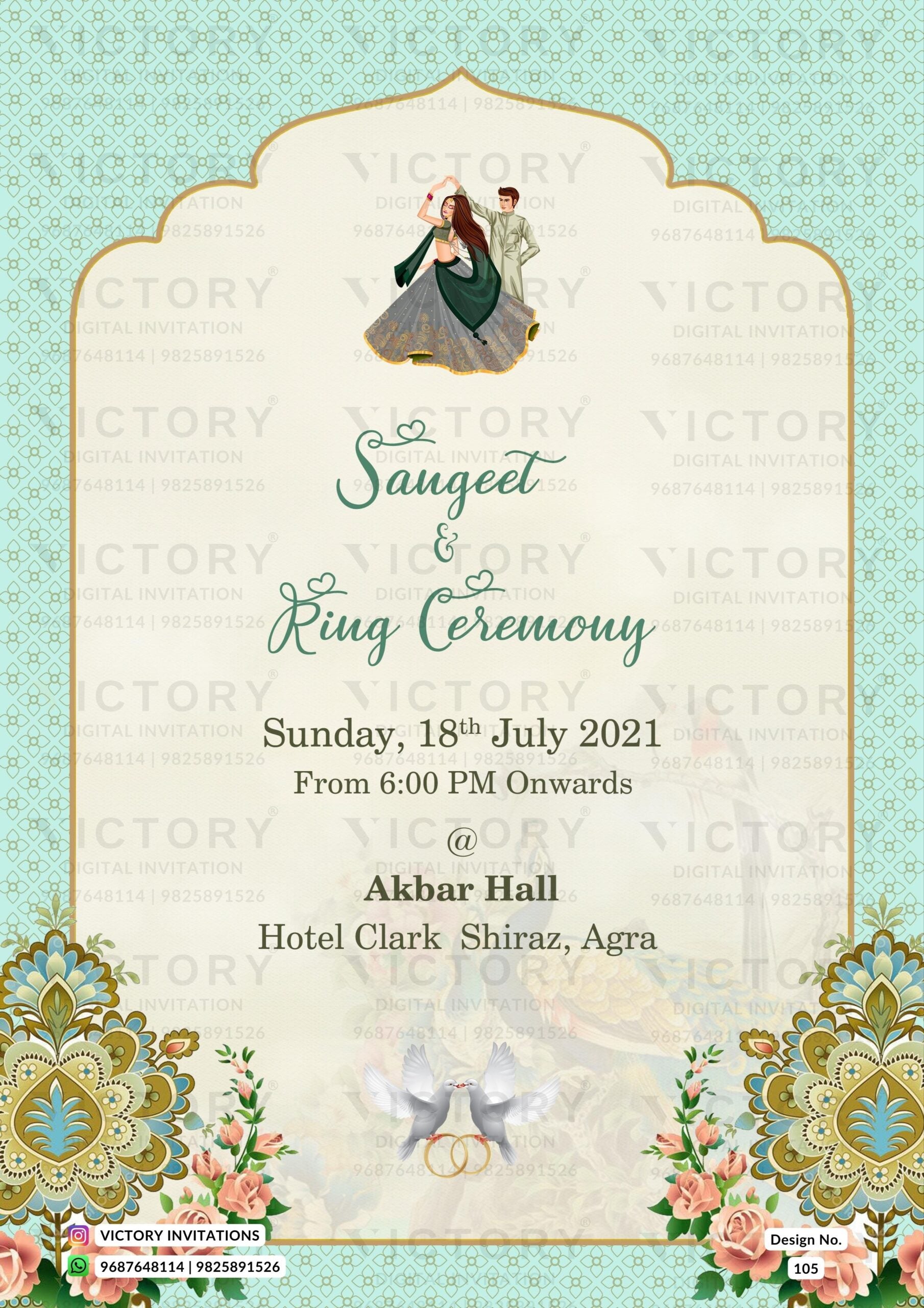 Sangeet Sandhya Ceremony invitation card in english language with sangeet couple doodle as traditional theme design 105.4