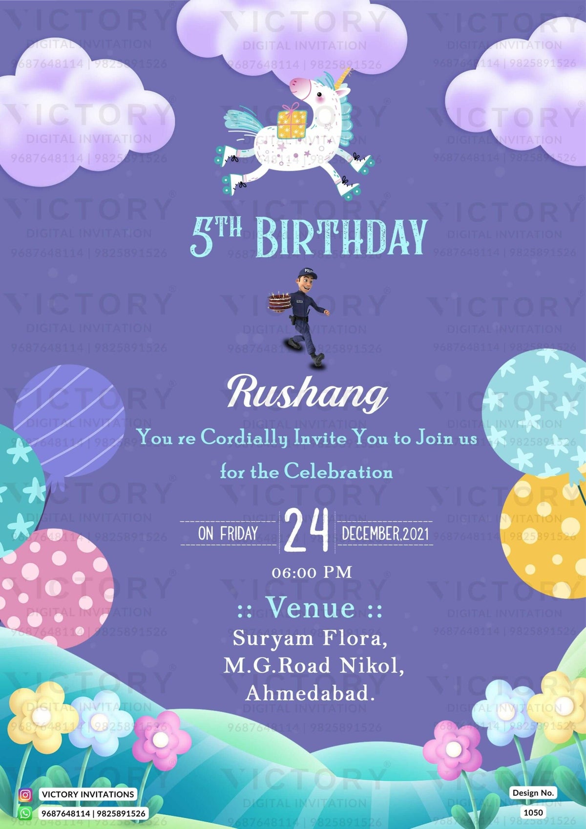 Birthday party invitation card in English language with garden theme design 1050