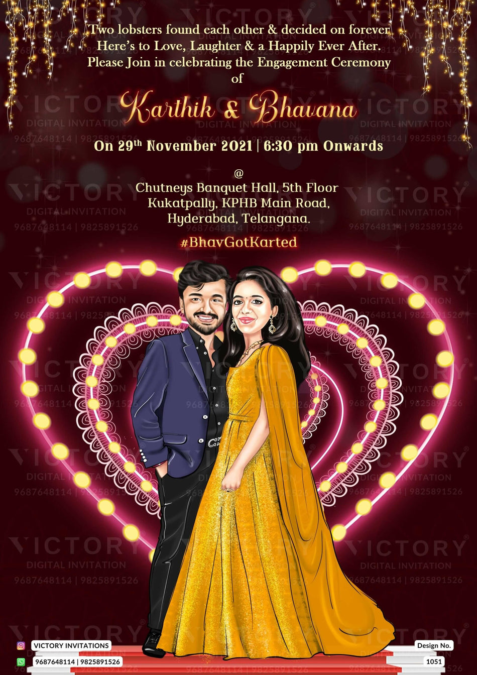 Delightful couple caricature invitation card for Engagement ceremony in Englsih language with string lights as glittery theme design 1051