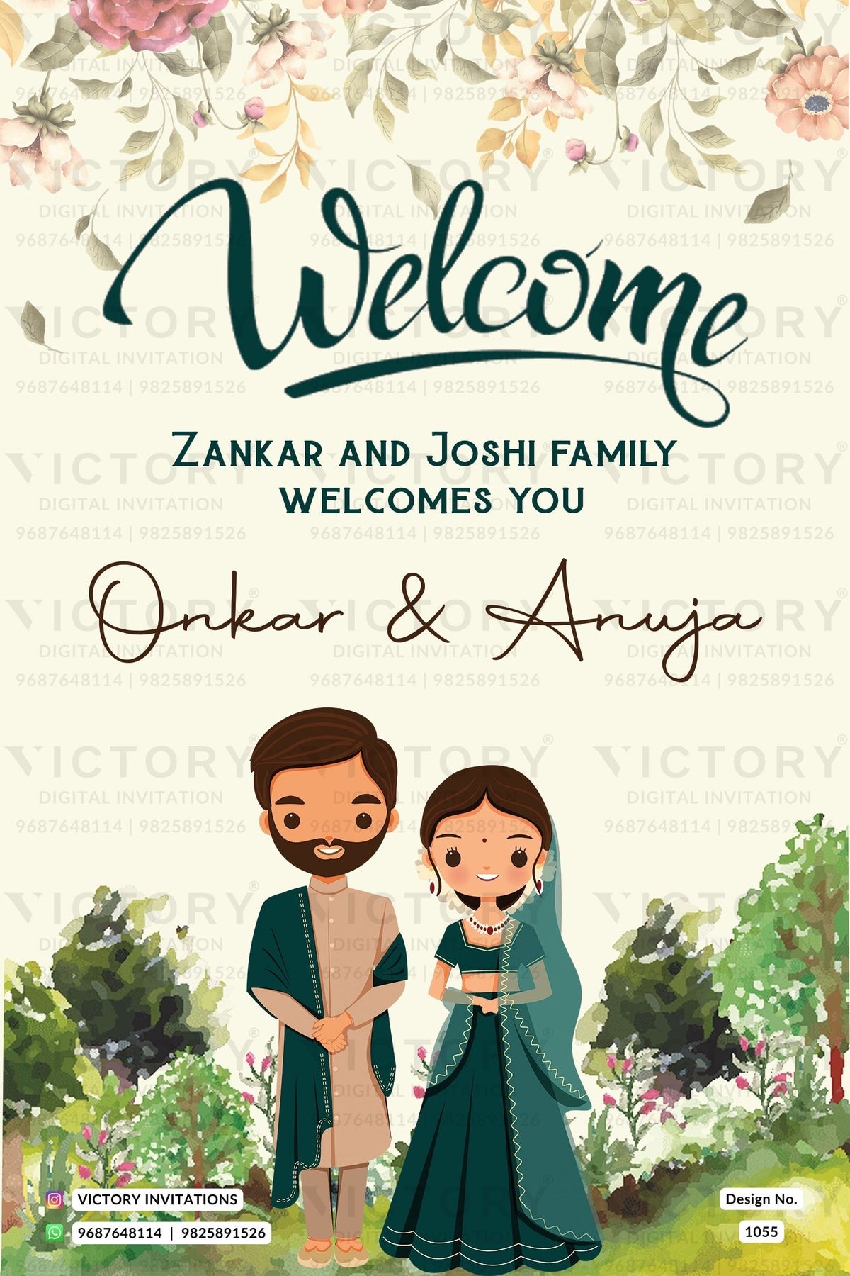 Wedding Welcome Standee design in english language with garden theme design 1055