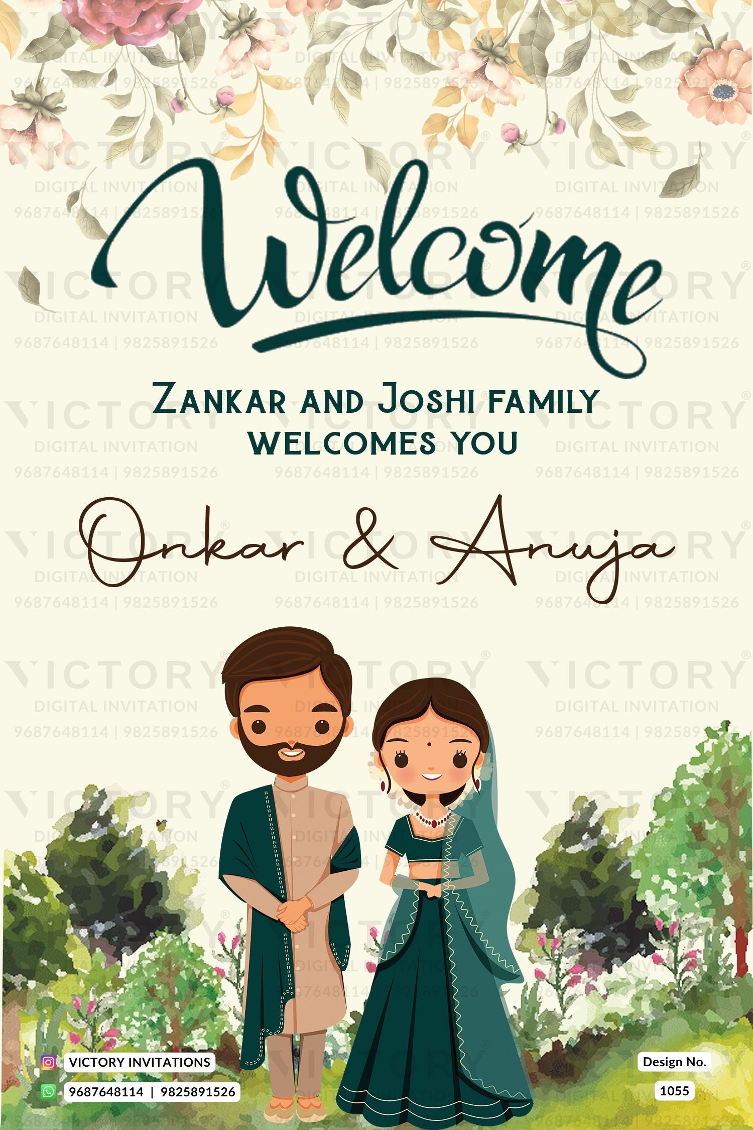 Wedding Welcome Standee design in english language with garden theme design 1055