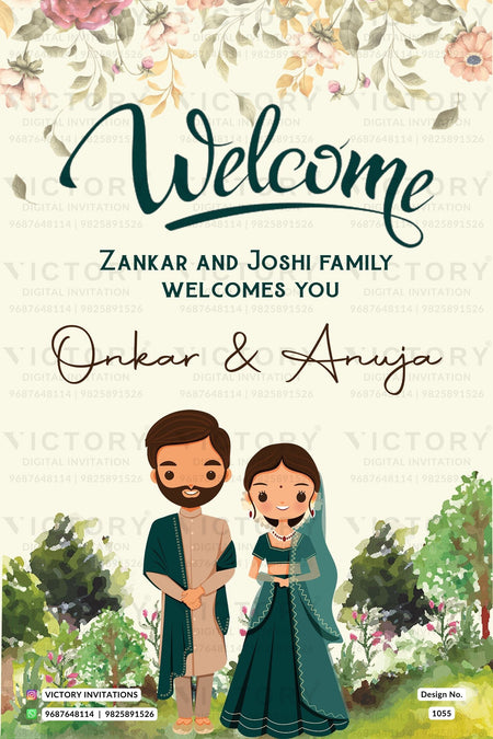Wedding Welcome Standee design in english language with garden theme design 1055