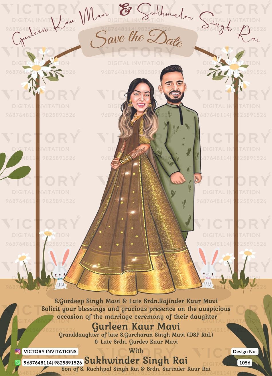 Charming couple caricature invitation card for Save the Date in English language with flowers, gate as minimalistic theme design 1056