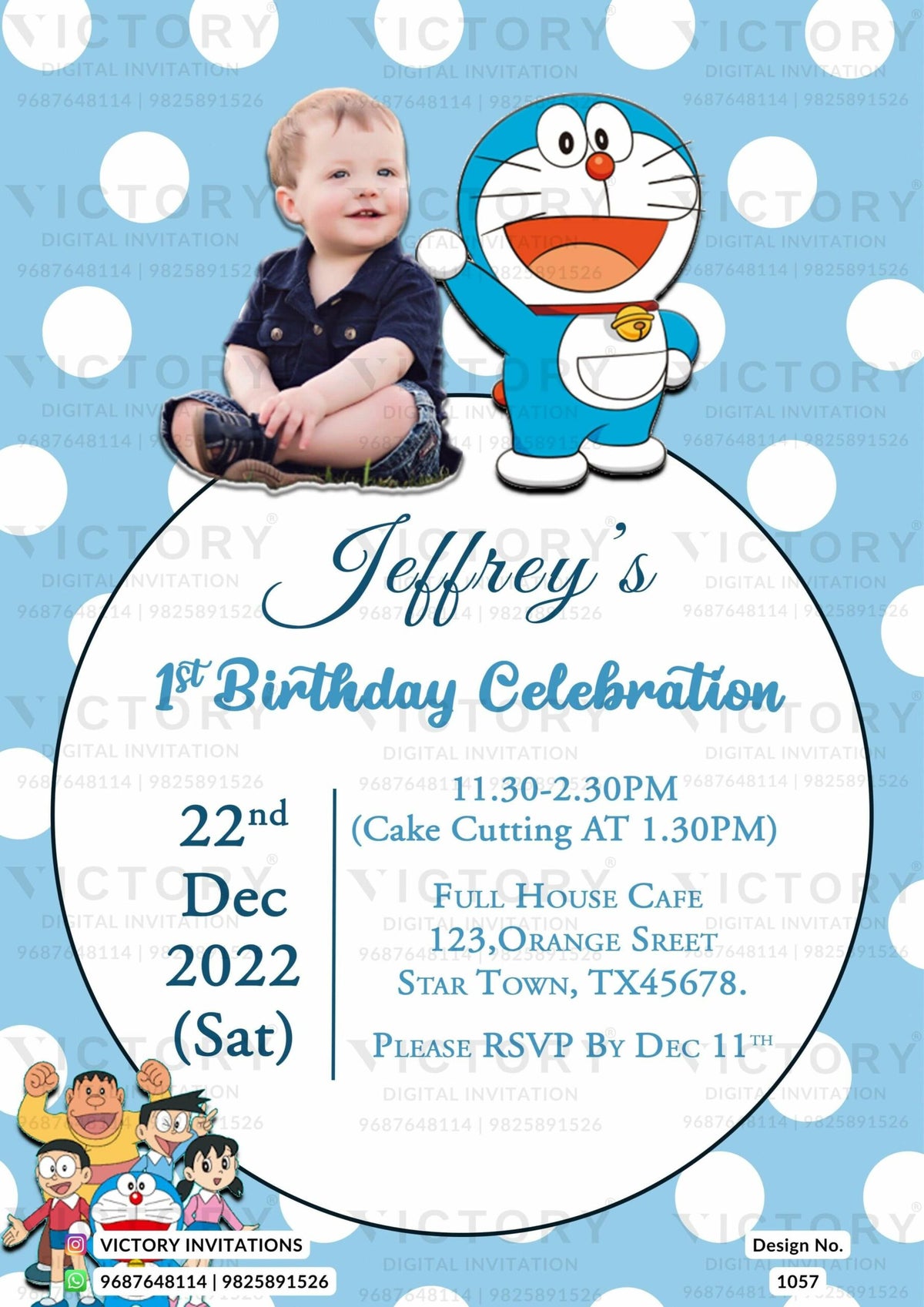 Birthday party invitation card in english language with doraemon theme design 1057