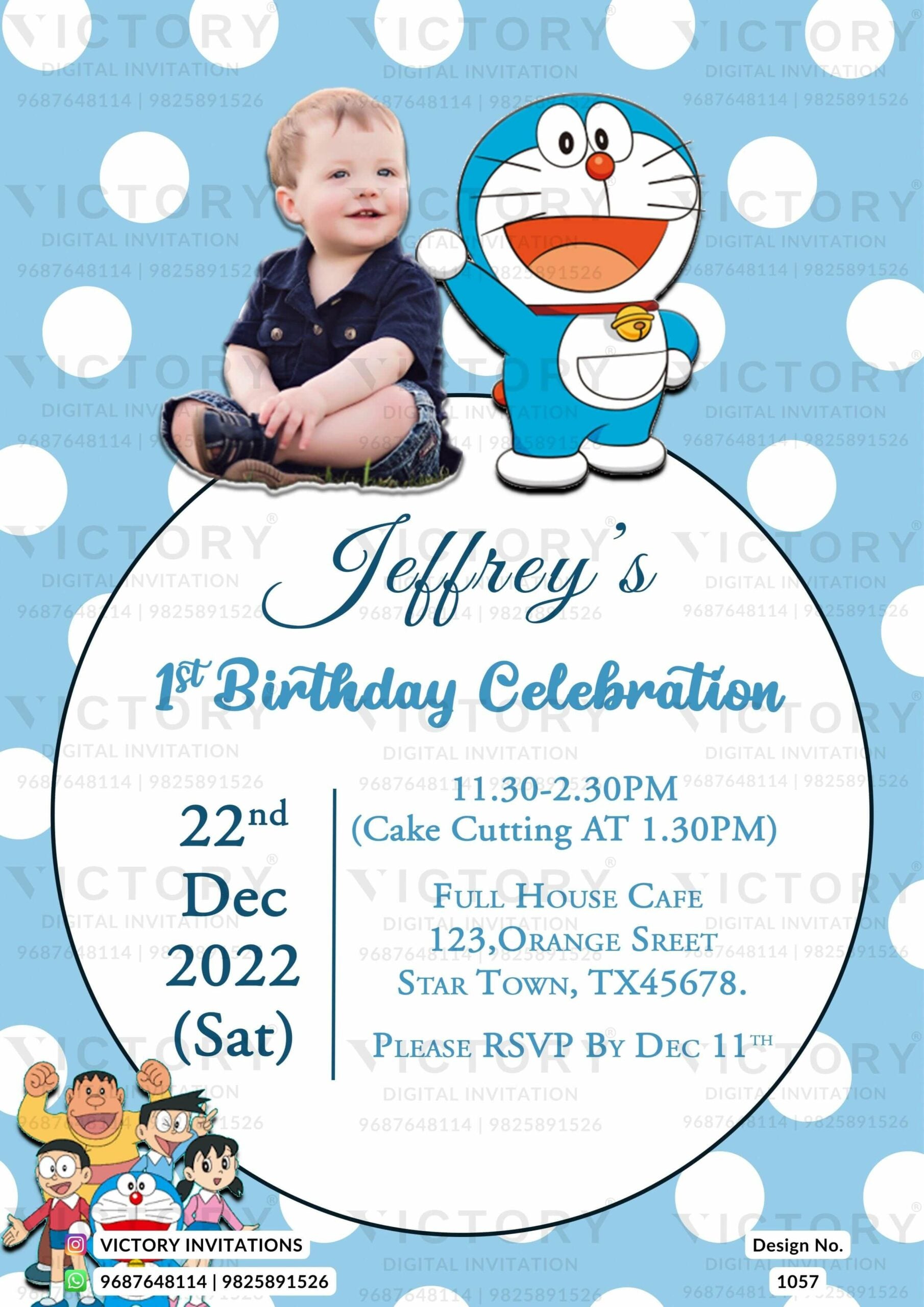 Birthday party invitation card in english language with doraemon theme design 1057