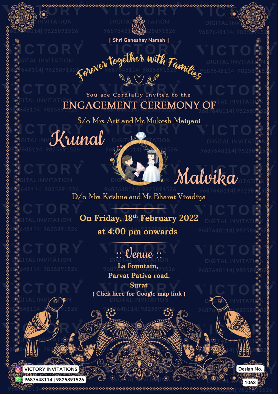 Engagement ceremony invitation card in english language with peacock, couple doodle as traditional theme design 1063