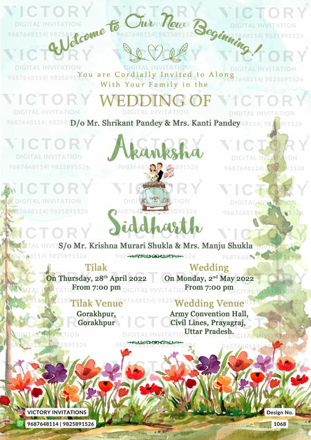 The Garden Theme of the Hindu north indian digital invitation card for wedding ceremony in Sky blue background color. This e-invite card is perfectly suitable for bhojpuri family and it's available in English language. It includes elements such as tree, purple, flowers, orange flowers, pink flowers, red flowers, car, couple doodle.