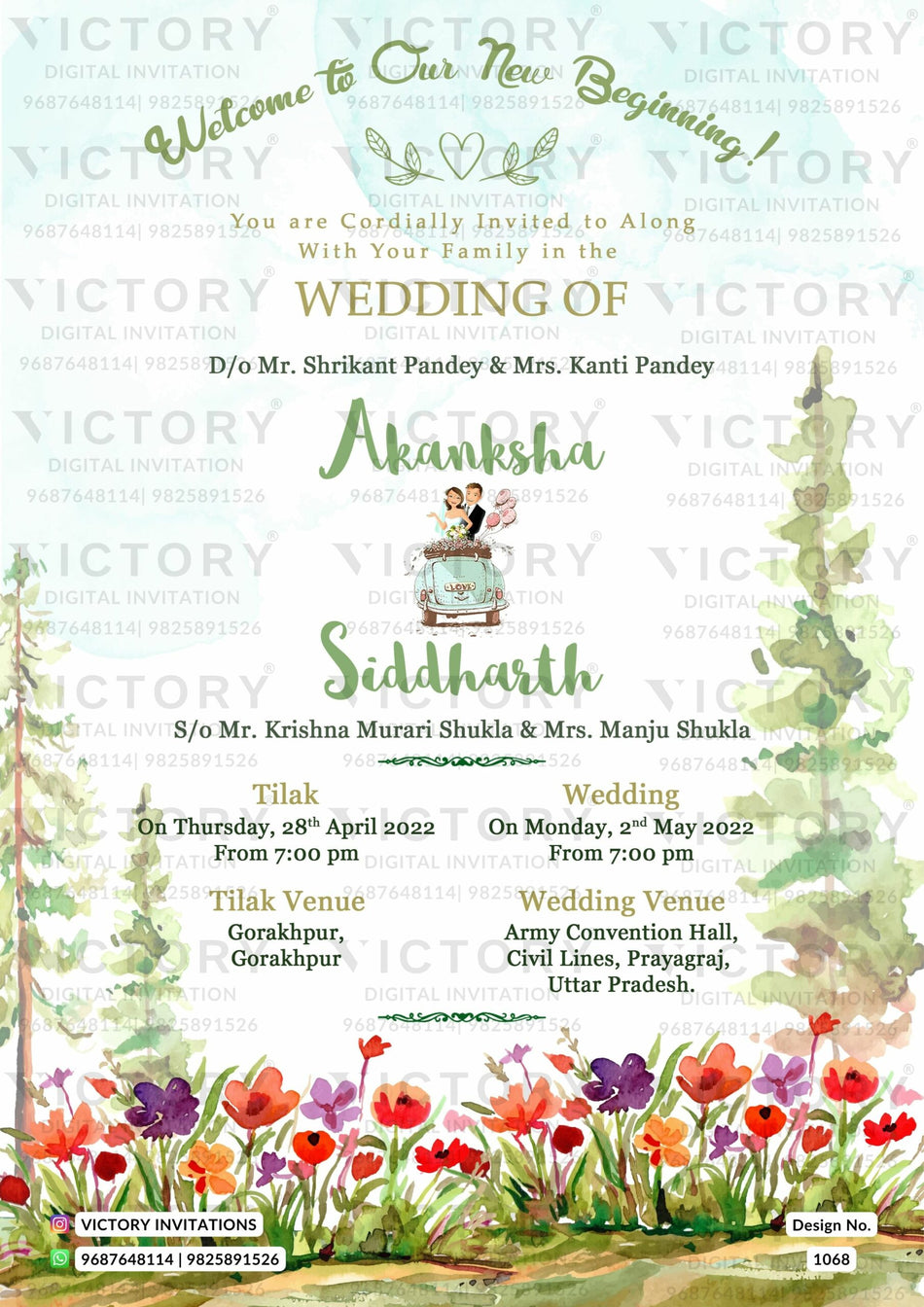 The Garden Theme of the Hindu north indian digital invitation card for wedding ceremony in Sky blue background color. This e-invite card is perfectly suitable for bhojpuri family and it's available in English language. It includes elements such as tree, purple, flowers, orange flowers, pink flowers, red flowers, car, couple doodle.