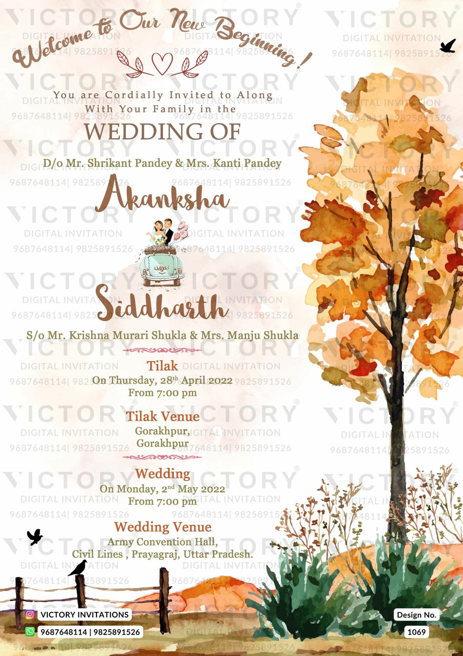 Wedding ceremony invitation card of hindu north indian bhojpuri family in english language with Garden theme design 1069