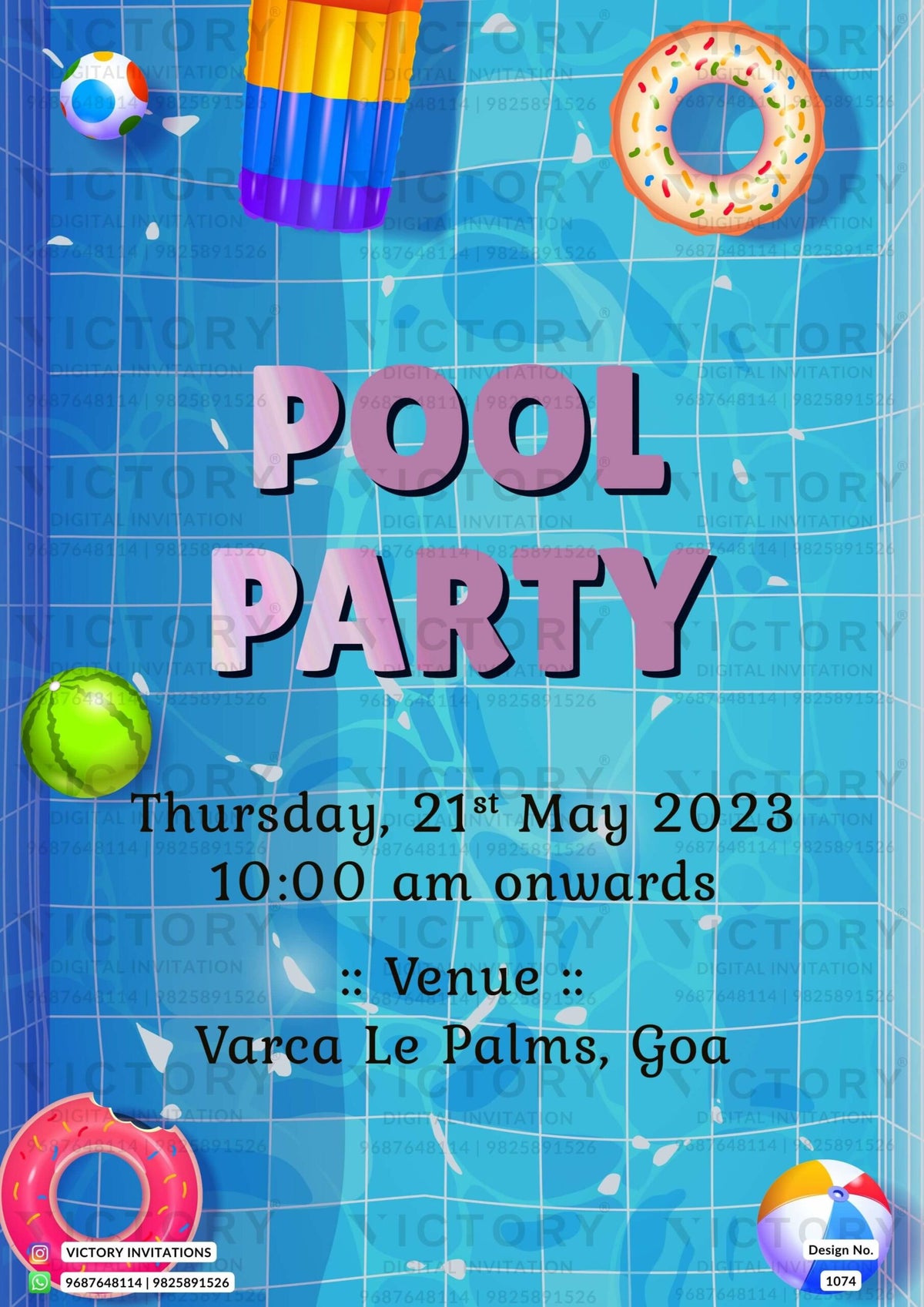 Pool Party invitation card in english language with ball, swimming tube as elegant theme design 1074