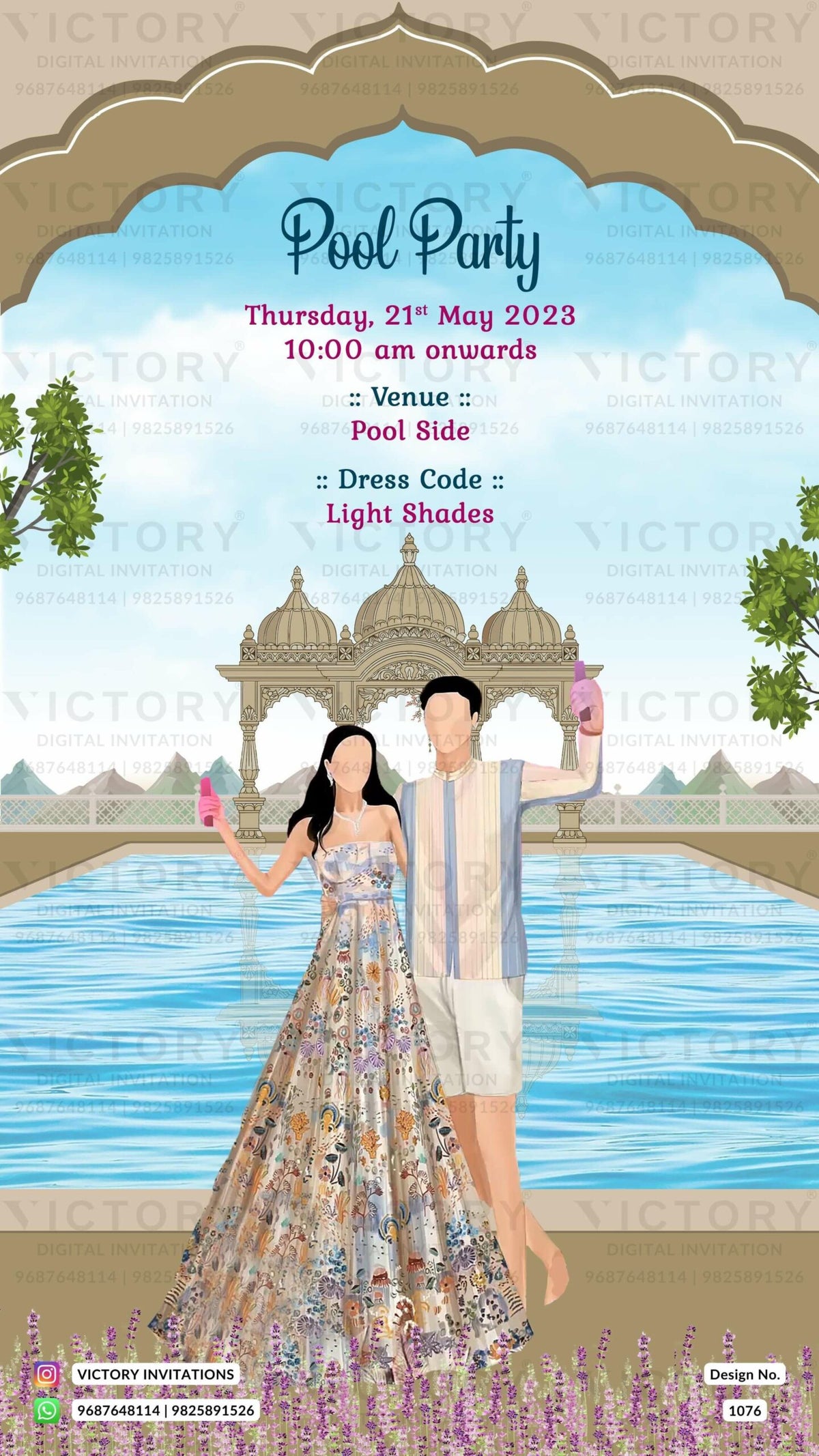Pool Party invitation card in english language with couple doodle as arch theme design 1076