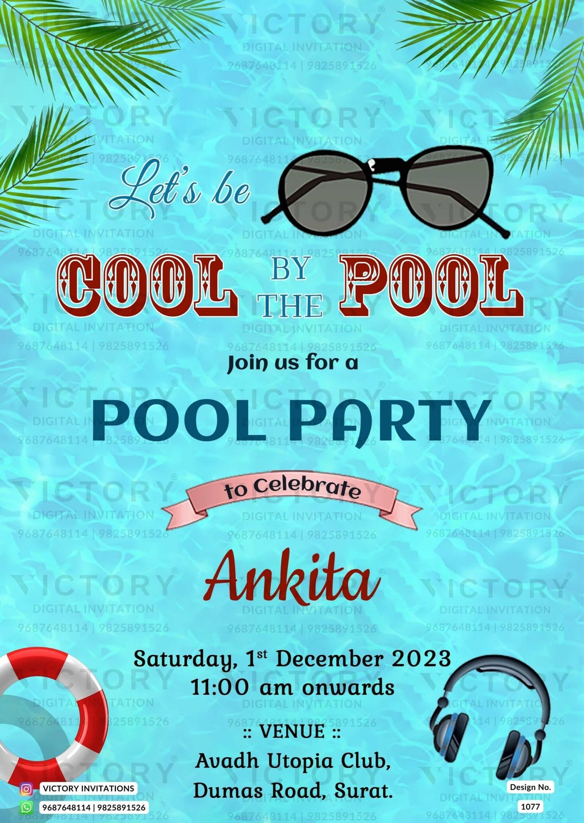 Pool Party invitation card in english language with green leaves, swimming tube as elegant theme design 1077