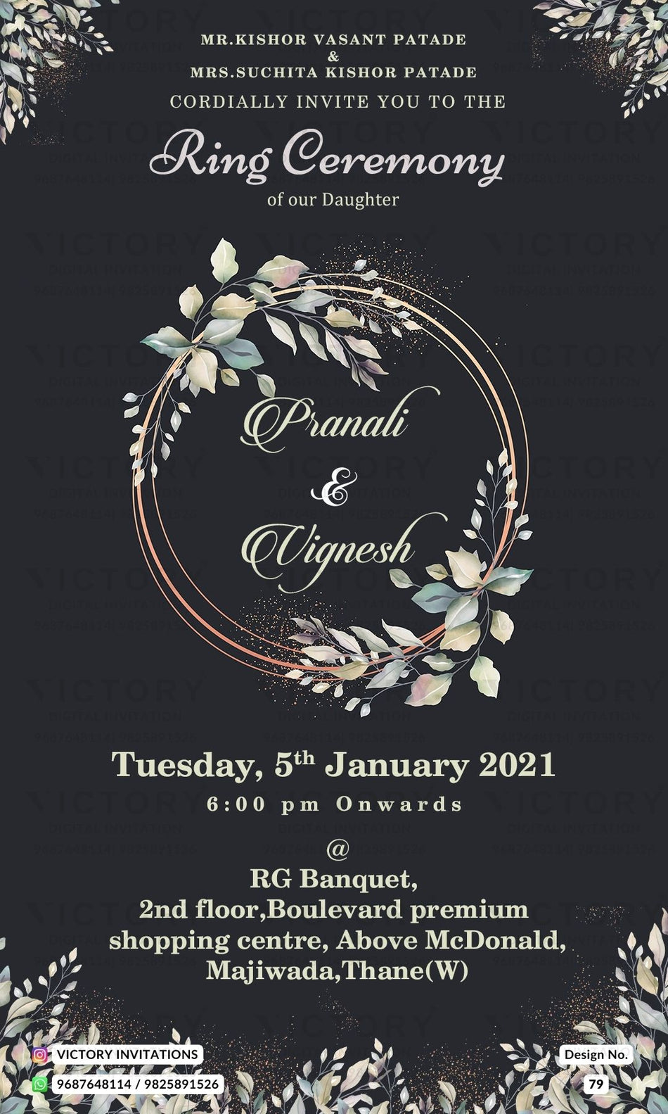 Engagement ceremony invitation card in english language with round frame as artistic leaves theme design 79