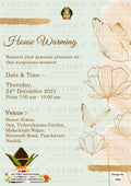 House Warming ceremony invitation card in english language with kalash as golden flowers theme design 1082