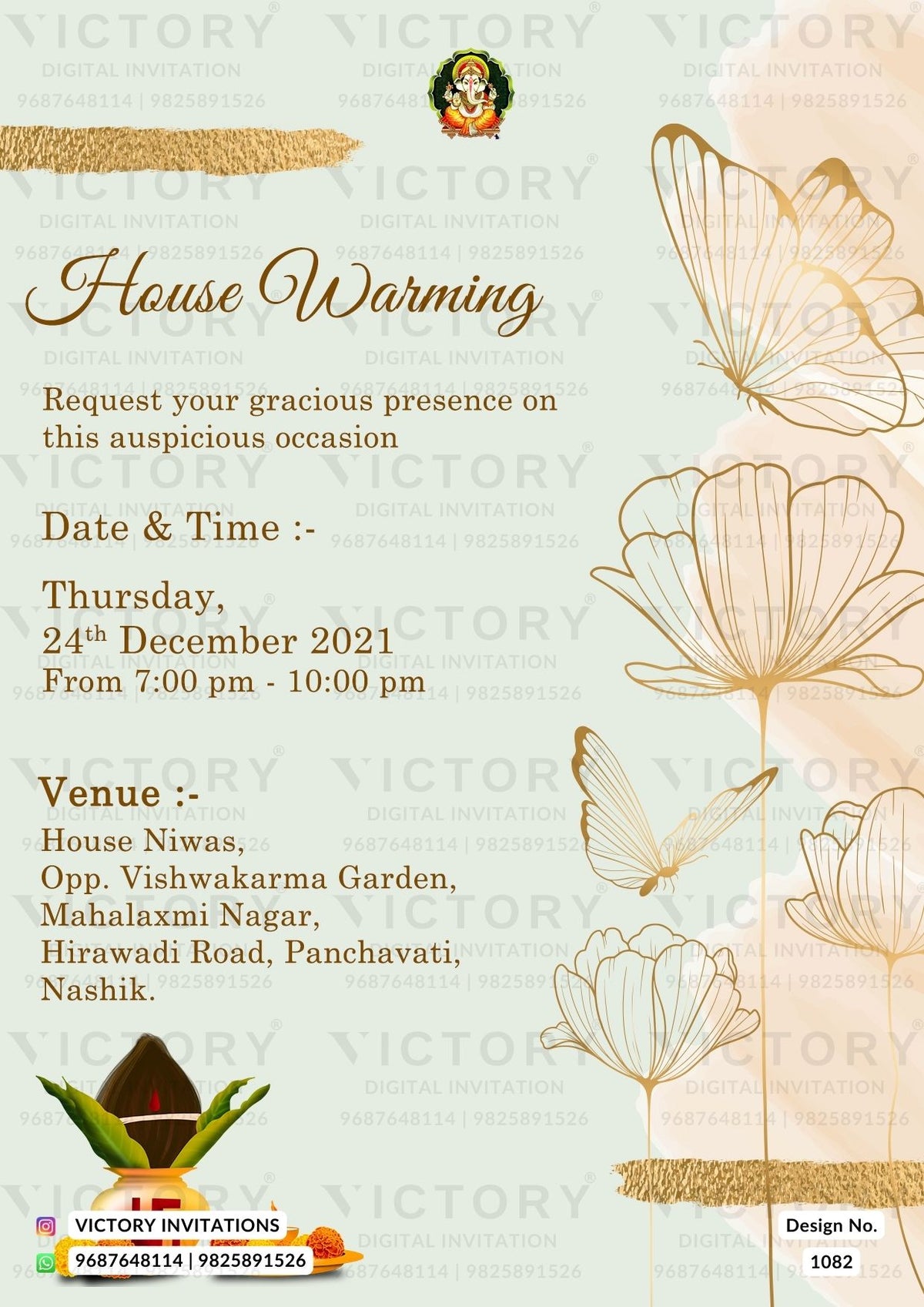 House Warming ceremony invitation card in english language with kalash ...
