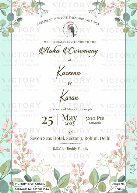 Roka ceremony invitation card for Punjabi family in english language with couple doodle, leaves as floral theme design 1086