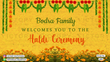 Haldi Welcome Standee design in english language with marigold flowers theme design 1092