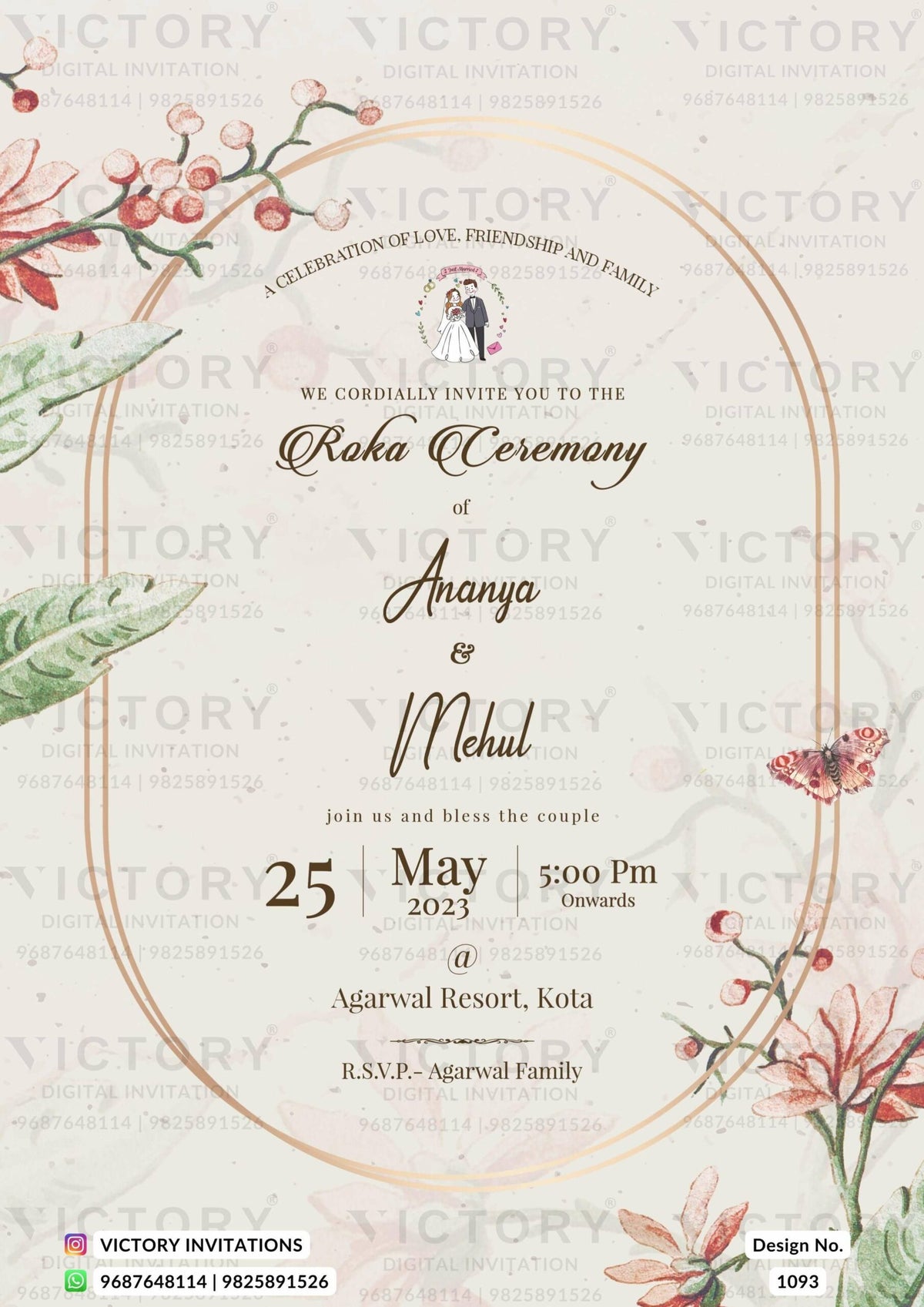 Roka ceremony invitation card for Punjabi family in english language with frame, couple doodle as minimalistic theme design 1093