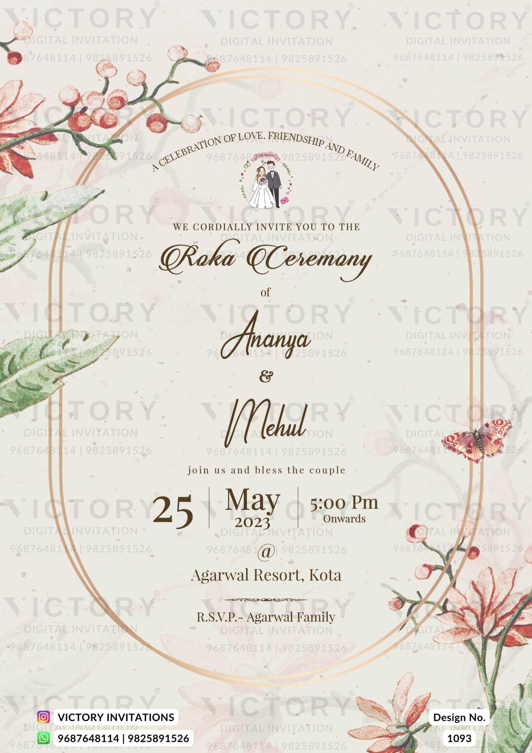 Roka ceremony invitation card for Punjabi family in english language with frame, couple doodle as minimalistic theme design 1093