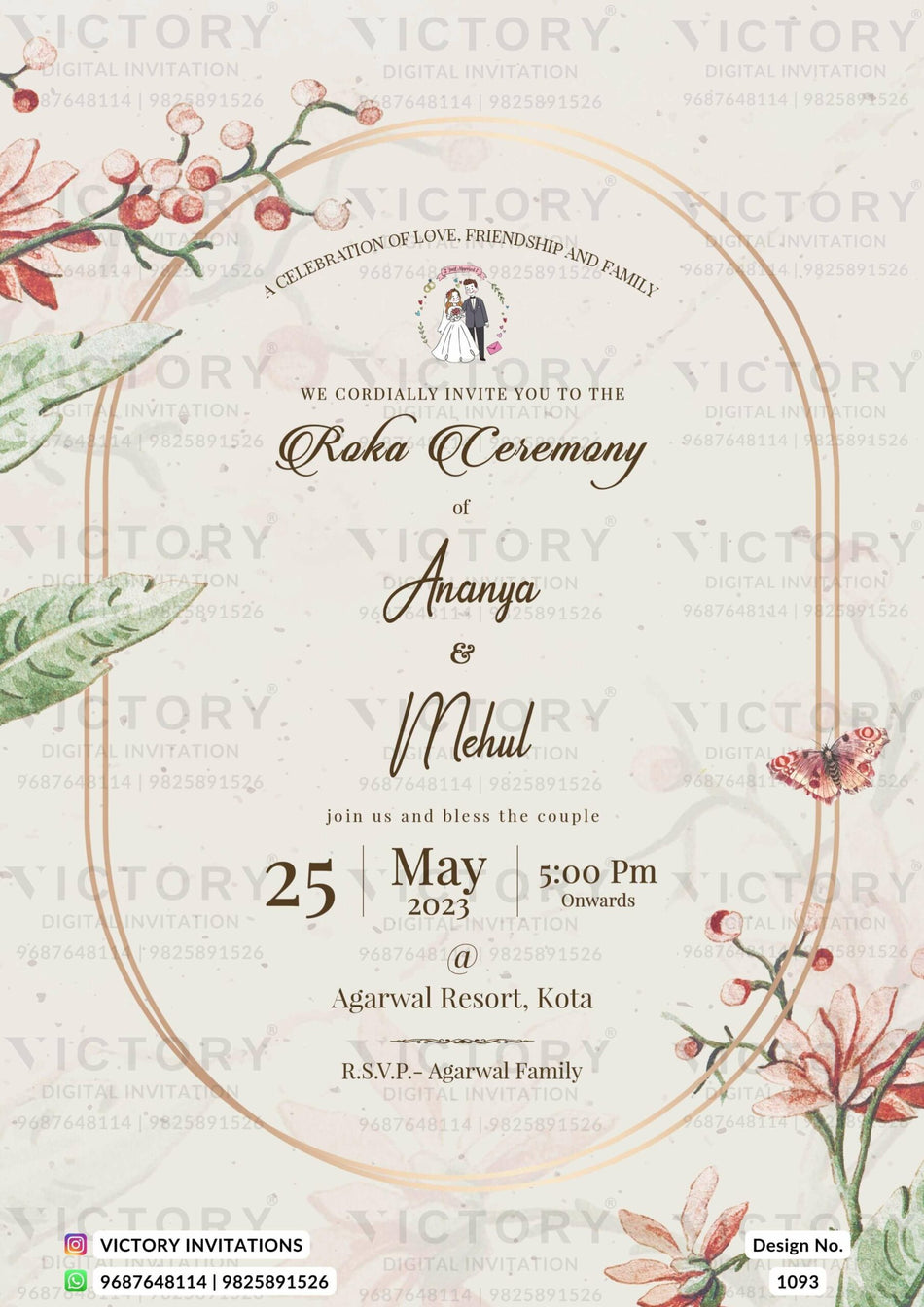 Roka ceremony invitation card for Punjabi family in english language with frame, couple doodle as minimalistic theme design 1093