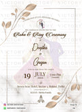 Roka & Engagement ceremony invitation card for Punjabi family in English language with golden leaves, romantic couple doodle as minimalistic theme design 116