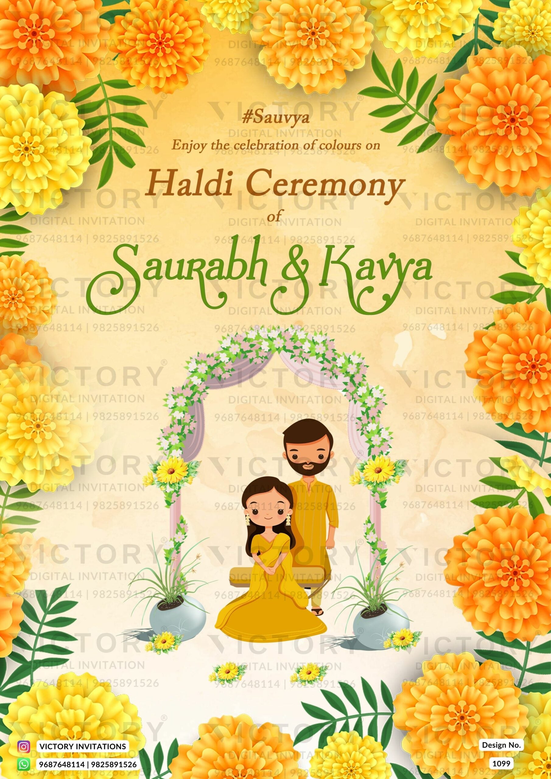 Haldi Welcome Standee design in english language with marigold flowers theme design 1099