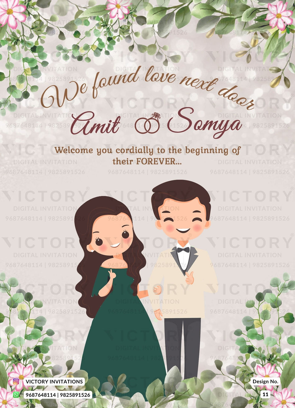 Engagement ceremony invitation card in english language with leaves, flowers as floral theme design 11