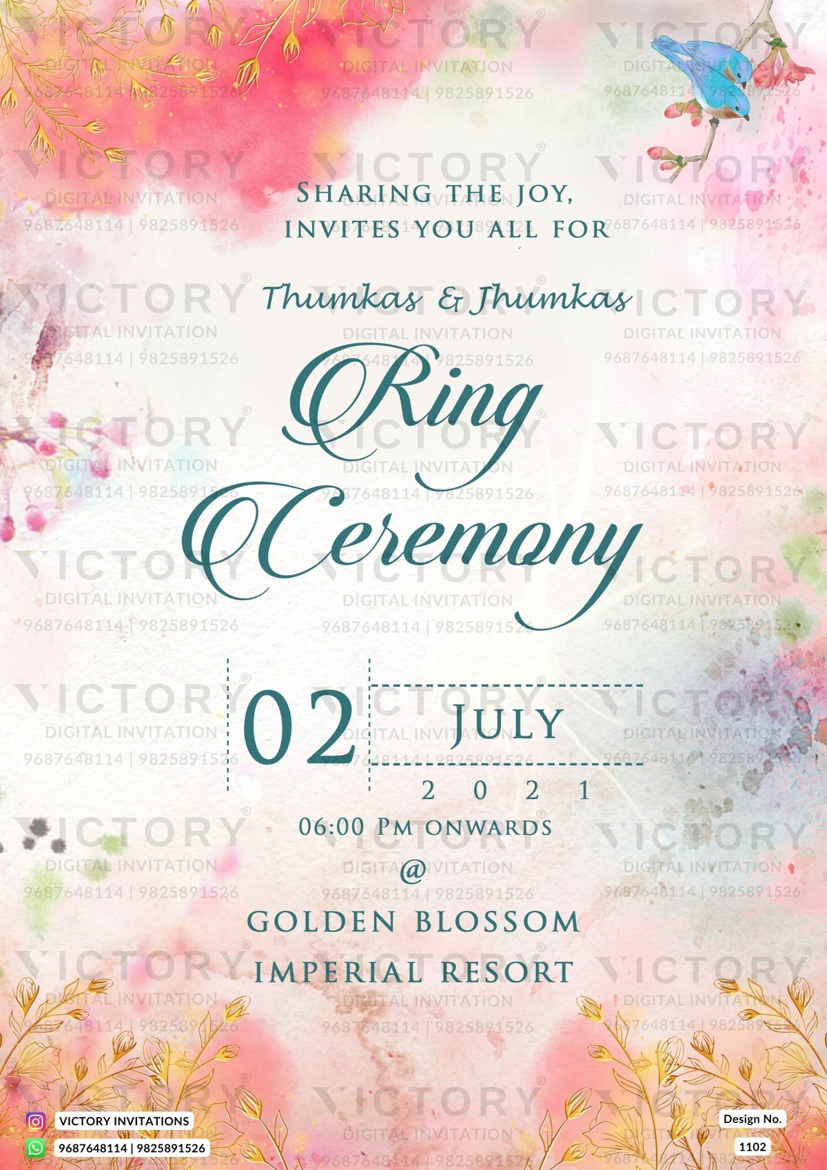 Engagement ceremony invitation card in english language with birds as minimalistic theme design 1102