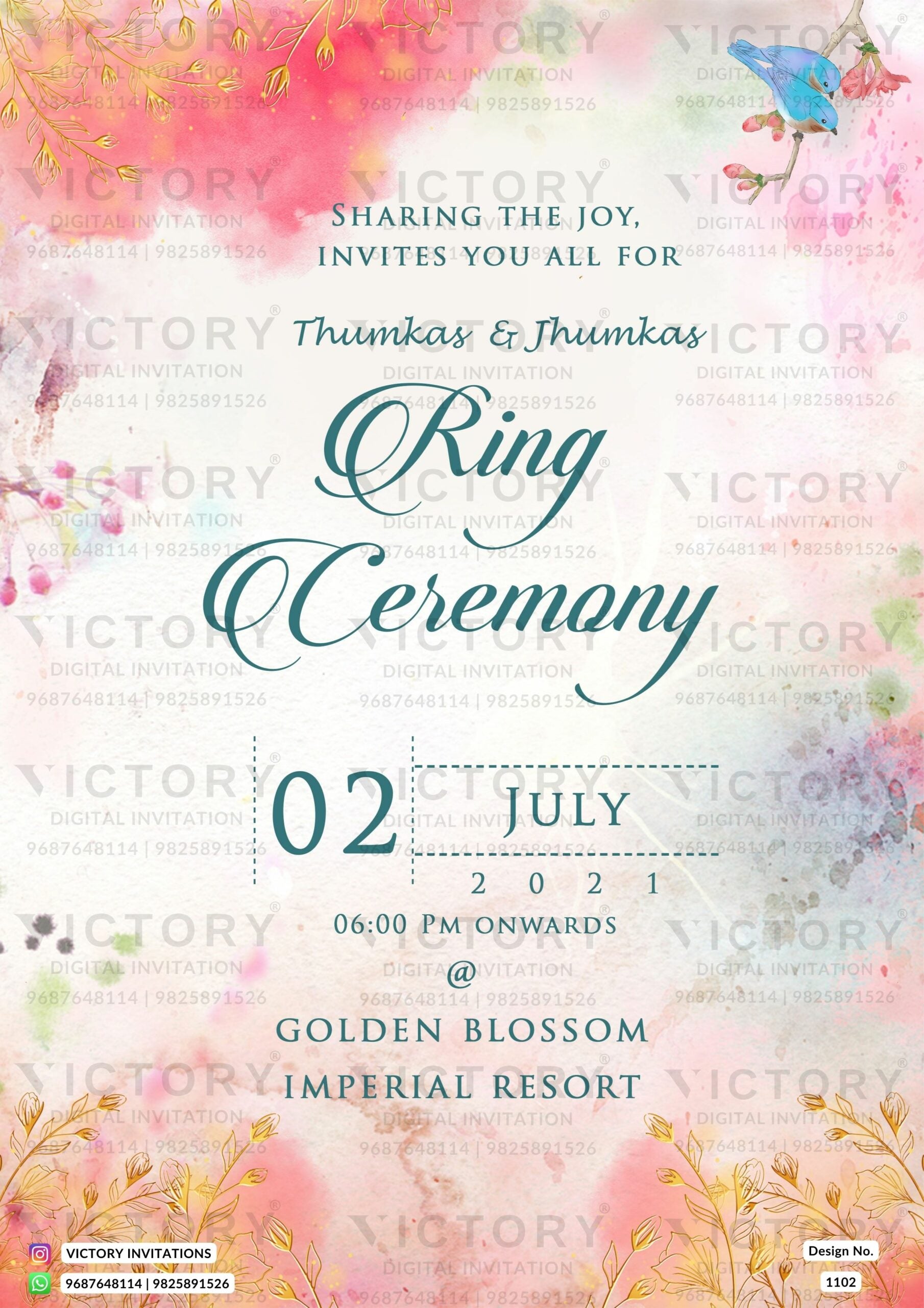 Engagement ceremony invitation card in english language with birds as minimalistic theme design 1102