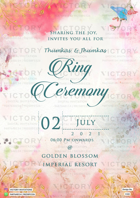 Engagement ceremony invitation card in english language with birds as minimalistic theme design 1102