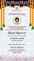 Mundan Ceremony invitation card in english language with marigold garland, flowers, a baby photo frame as traditional theme design 1103