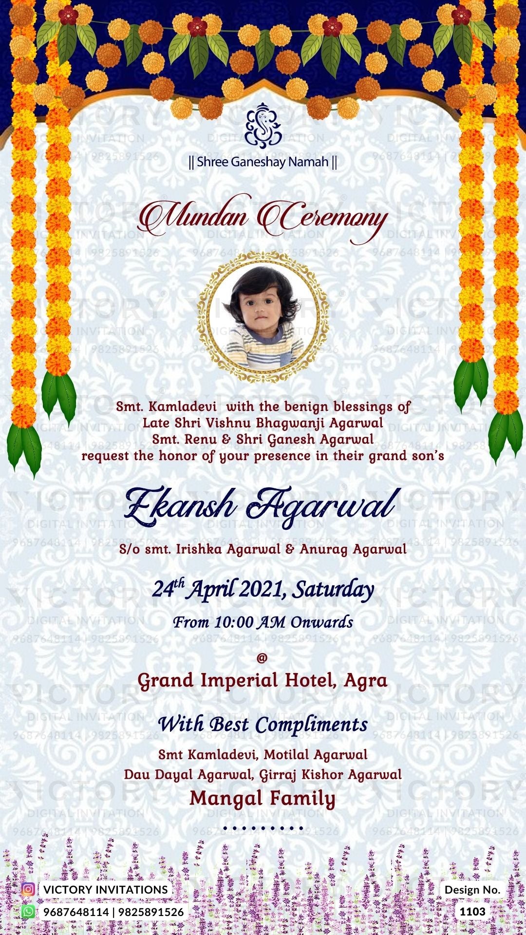 Mundan Ceremony invitation card in english language with marigold garland, flowers, a baby photo frame as traditional theme design 1103