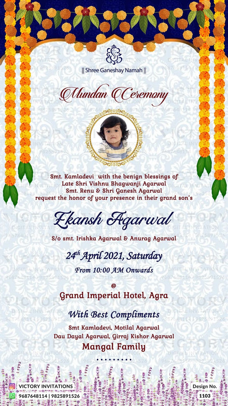 Mundan Ceremony invitation card in english language with marigold garland, flowers, a baby photo frame as traditional theme design 1103