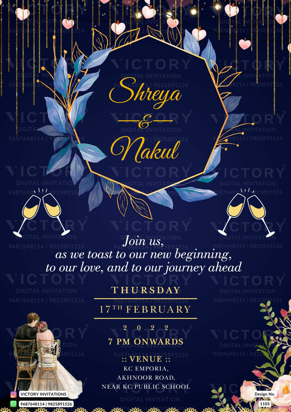 Cocktail Party invitation card in english language with flowers, frame as floral theme design 1105