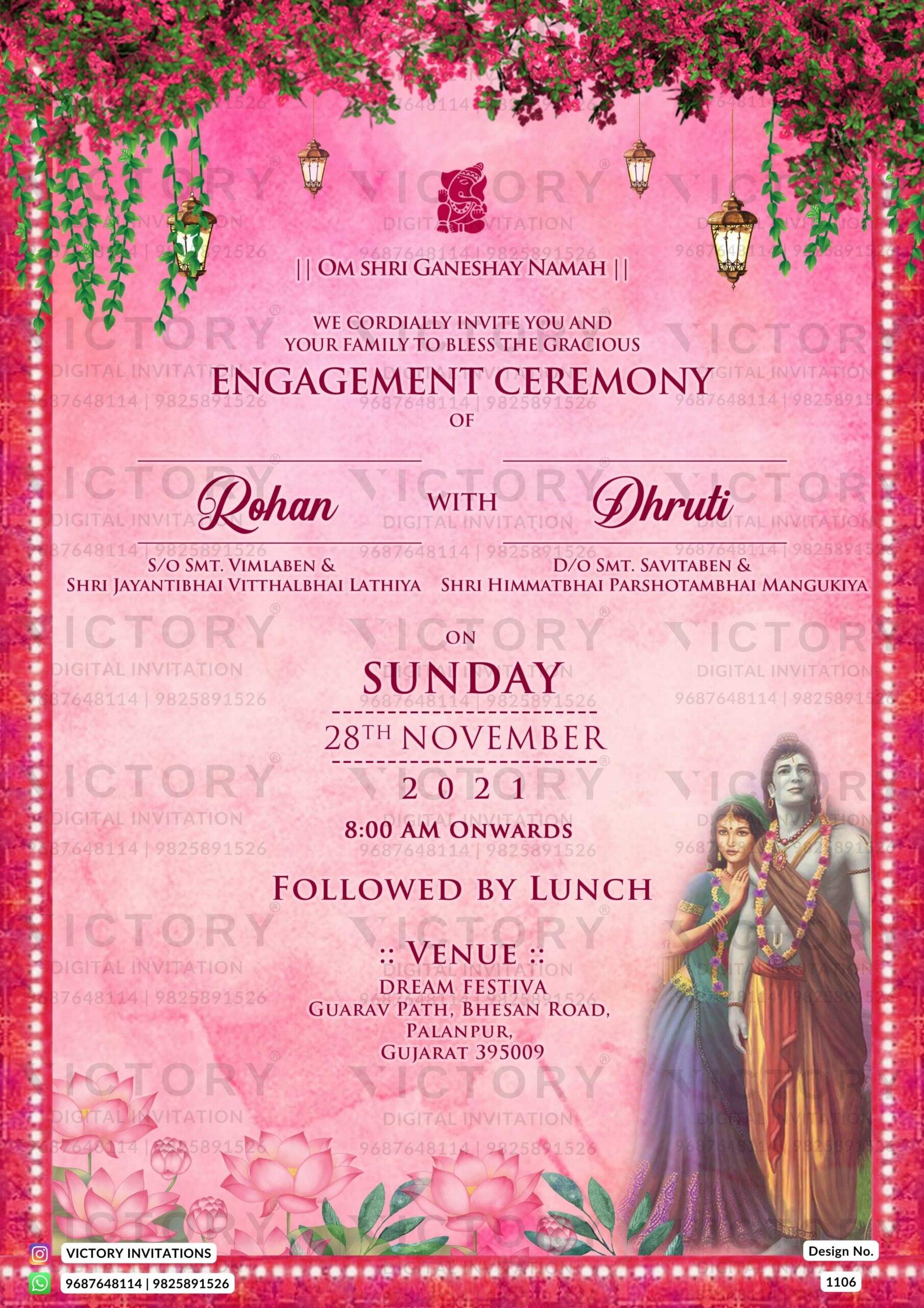 Engagement ceremony invitation video in english language with flowers, lantern, god image as traditional theme design 1106
