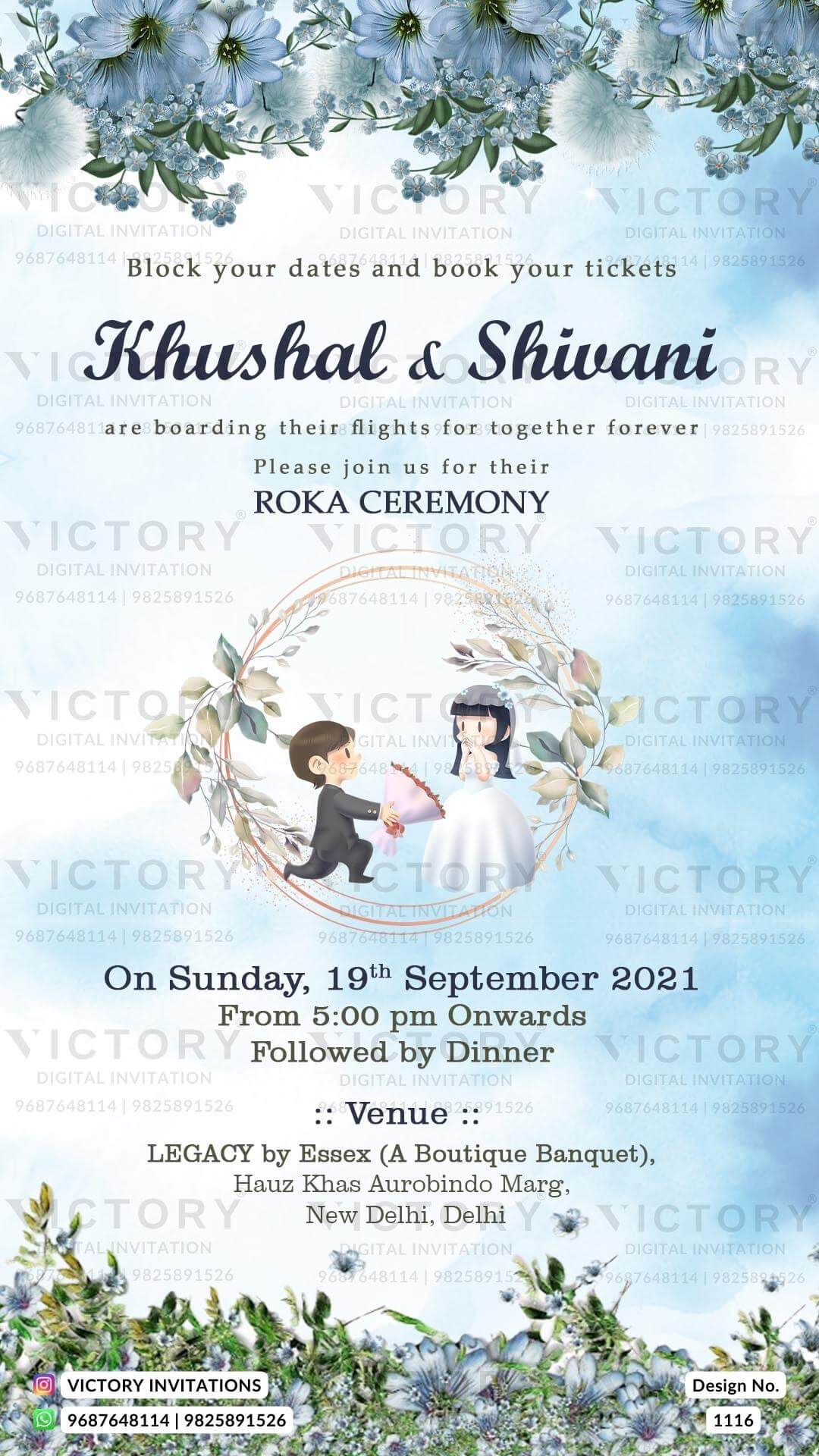 Roka ceremony invitation card for Punjabi family in english language with flowers, romantic couple doodle as floral theme design 1116