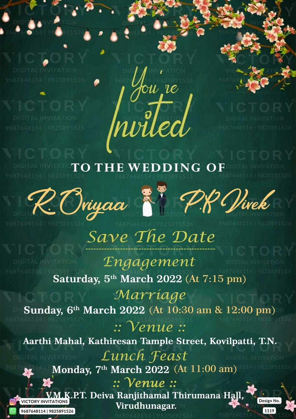 Engagement ceremony invitation card in english language with string light, leaves, flowers as minimalistic theme design 1119