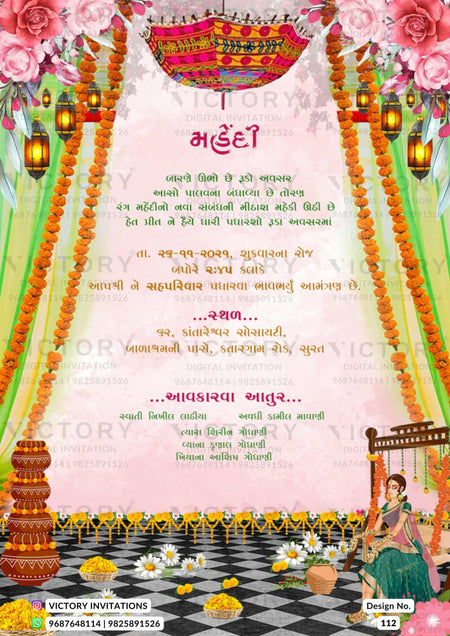 "A Floral Symphony Amidst Pastel Pink and Brown, Embraced by Dreamy Blue Backdrop, Featuring Watercolor Blooms, Dripping Marigold Torans, and Captivating Mehendi Bride Doodle" Design no. 112