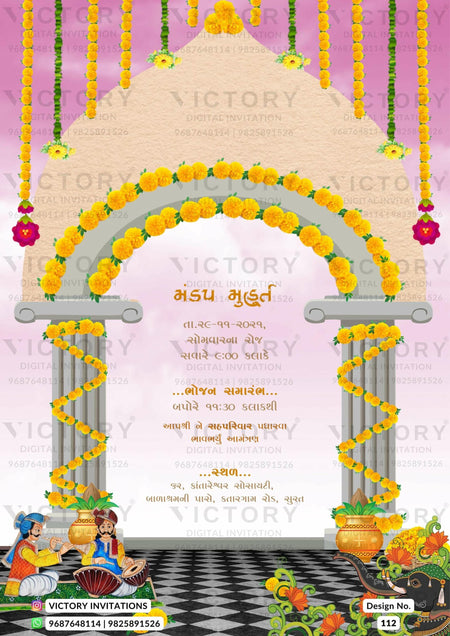 "A Floral Symphony Amidst Pastel Pink and Brown, Embraced by Dreamy Blue Backdrop, Featuring Watercolor Blooms, Dripping Marigold Torans, and Captivating Mehendi Bride Doodle" Design no. 112