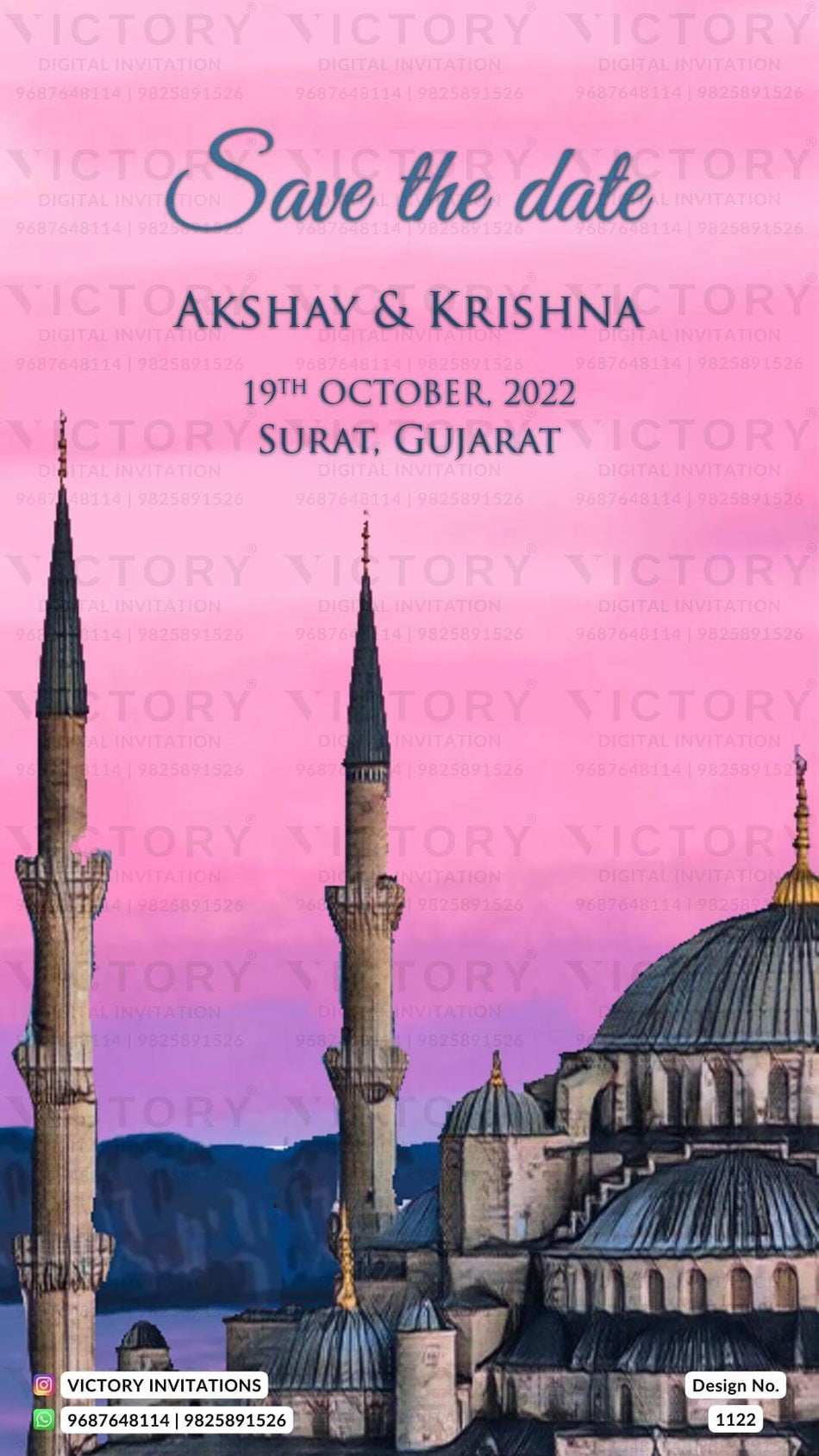 Save the Date card in english language with mosque theme design 1122