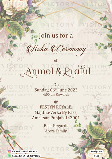 Roka ceremony invitation card for Punjabi family in english language with frame, leaves as floral theme design 1126