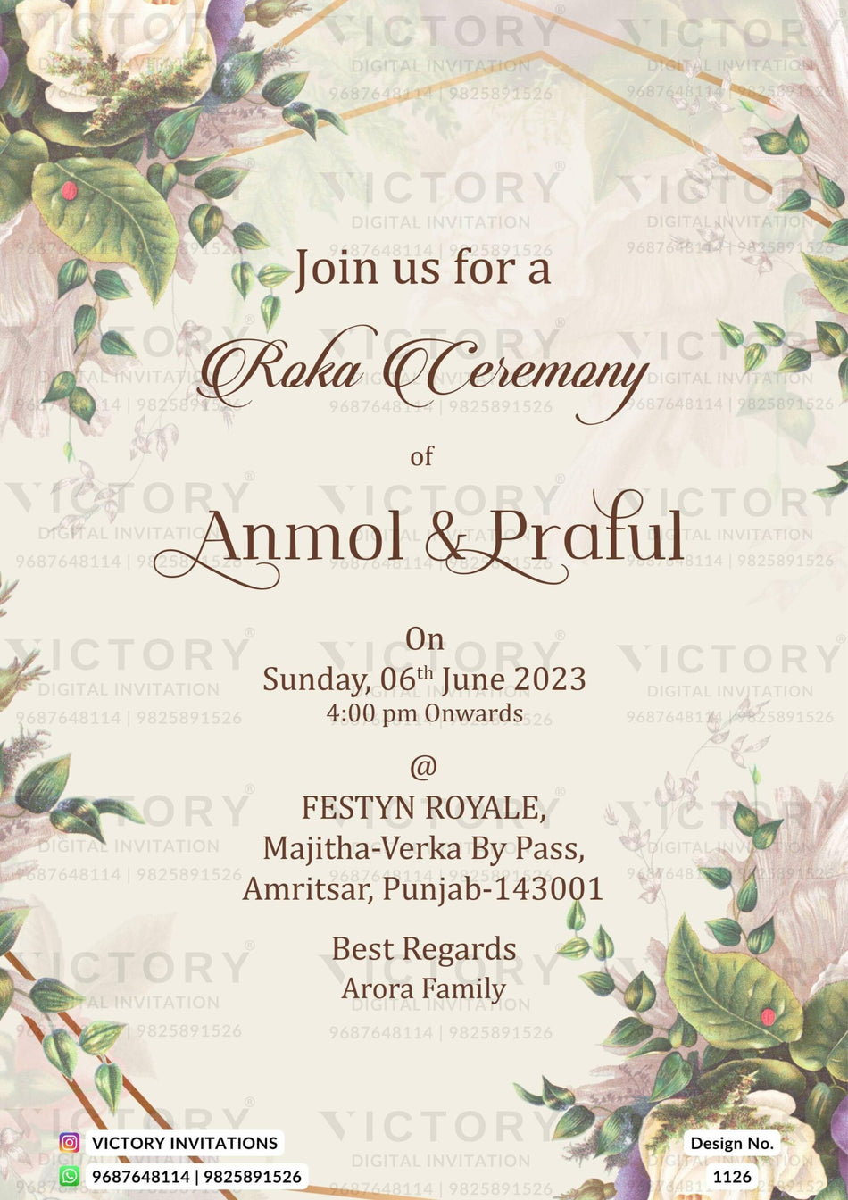 Roka ceremony invitation card for Punjabi family in english language with frame, leaves as floral theme design 1126
