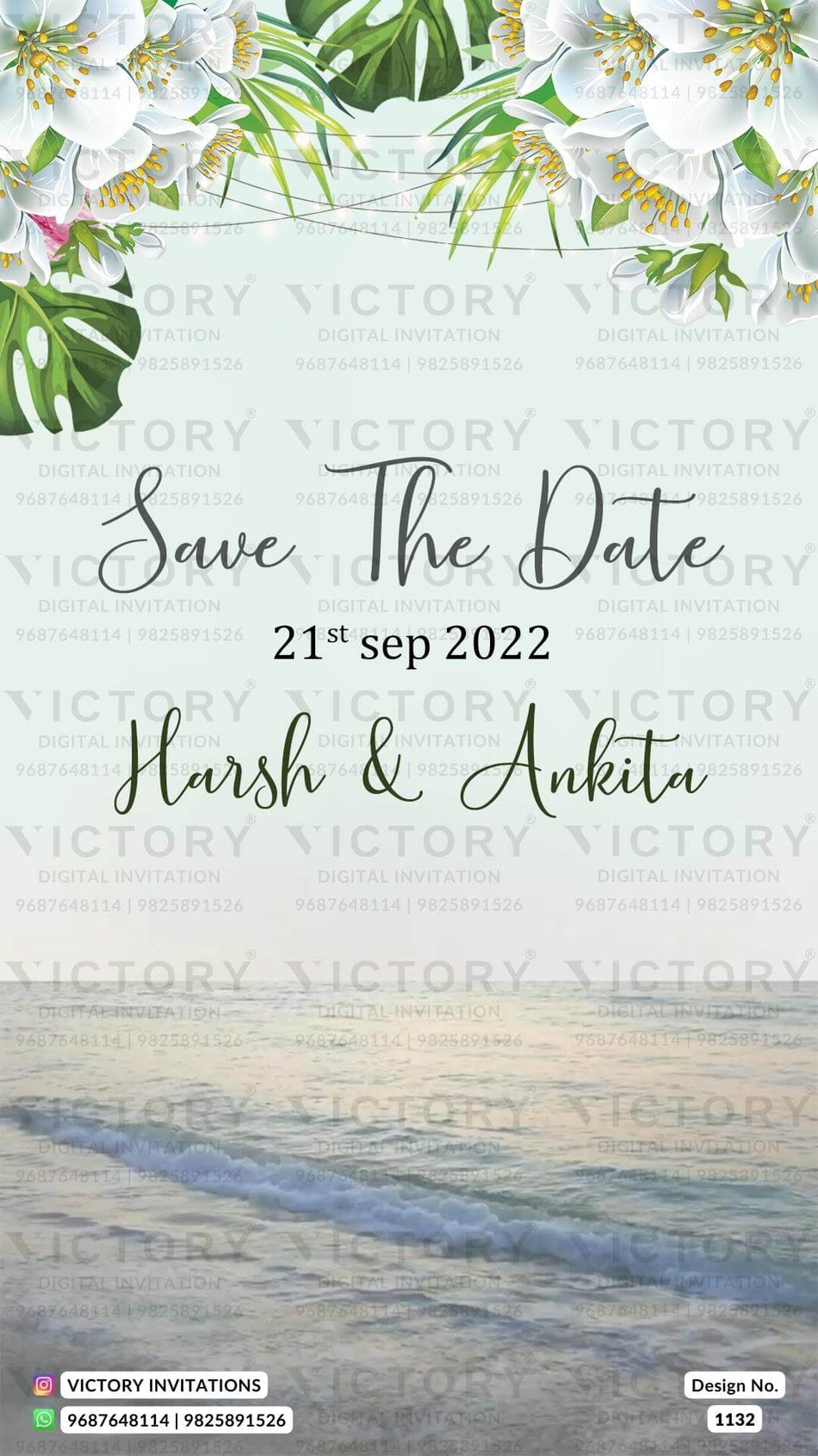 An Enchanting Save the Date Invitation with palm leaves and Floral Accents on Greenish Cyan and Soft Peach Tones, design no. 1132