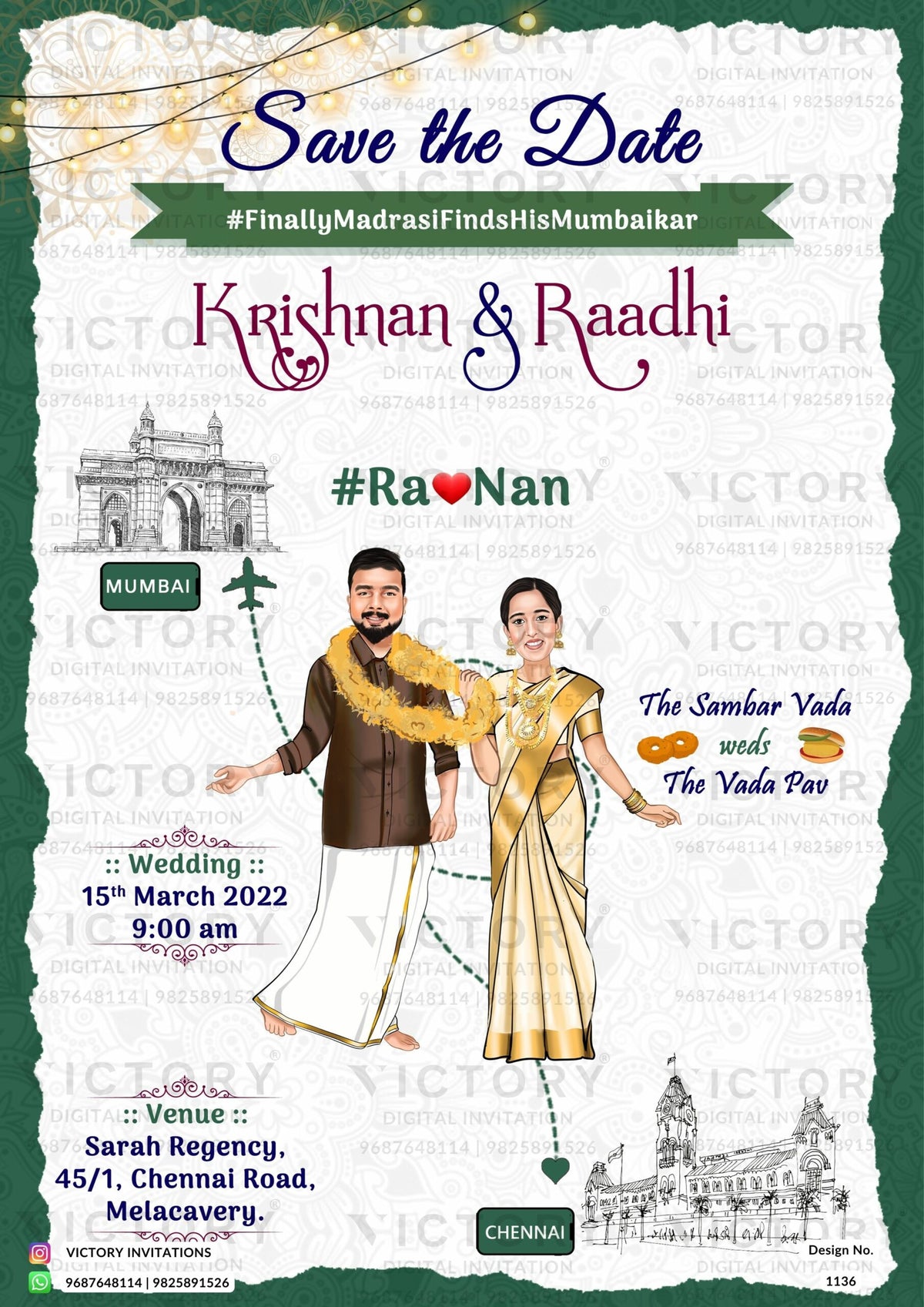Romantic couple caricature invitation card for the wedding ceremony of Hindu south indian tamil family in english language with two-state theme design 1136